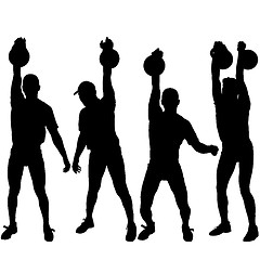 Image showing Set silhouette muscular man holding kettle bell.  illustration.