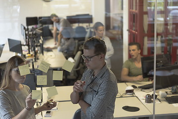 Image showing young couple at modern office interior writing notes on stickers