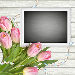 Image showing Bouquet of tulips and chalkboard. EPS 10