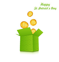 Image showing Open cardboard box with golden coins for St. Patrick\'s Day