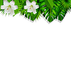 Image showing Frame branch tropical leaves and white flowers lily