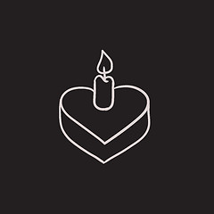 Image showing Heart-shaped cake with candle sketch icon.