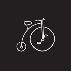 Image showing Old bicycle with big wheel sketch icon.