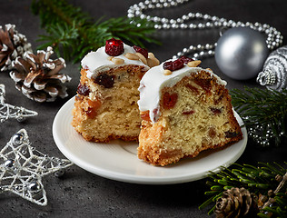 Image showing two pieces of christmas cake with fruits and nuts