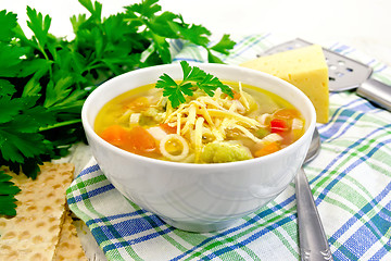 Image showing Soup Minestrone in white bowl on napkin