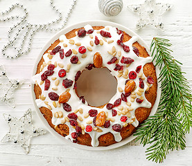 Image showing Christmas cake on white wooden table