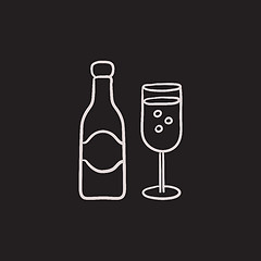 Image showing Champagne bottle and two glasses sketch icon.