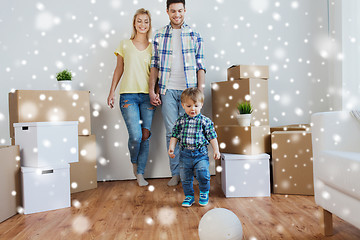 Image showing happy family moving to new home and playing ball