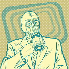 Image showing Pop art retro man in gas mask pointing sideways