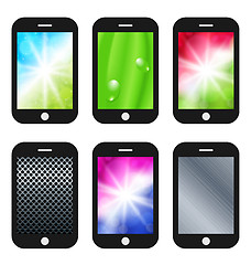 Image showing Black mobile phone with different wallpapers (abstract backgroun