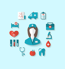 Image showing Set modern flat icons of nurse and medical objects, simple style