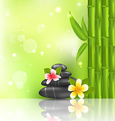 Image showing Meditative oriental background with frangipani, bamboo and heap 