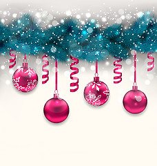 Image showing Holiday background with Christmas fir branches and glass balls, 