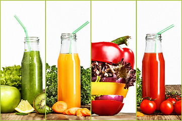 Image showing The bottles with fresh vegetable juices on wooden table