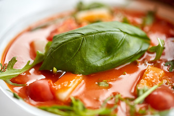 Image showing close up of gazpacho soup at restaurant