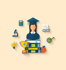 Image showing Flat icons of magister female with graduation and objects for hi