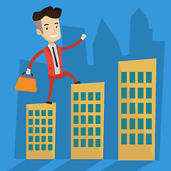 Image showing Businessman walking on the roofs of the buildings.