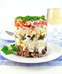 Image showing Salad with beef and tomato on tablecloth