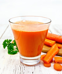 Image showing Juice carrot with vegetables and parsley on board
