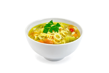 Image showing Soup Minestrone with parsley in white bowl