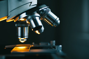 Image showing Close up of microscope and test sample