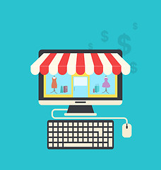 Image showing Concept of online shop, flat icons of computer, keyboard and mou