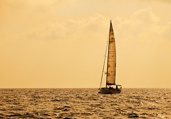 Image showing Yacht sailing against sunset