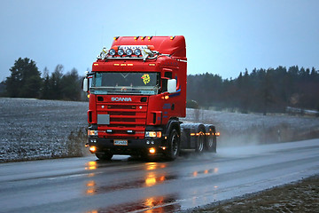 Image showing Red Scania 4-series Bobtail Christmas Truck