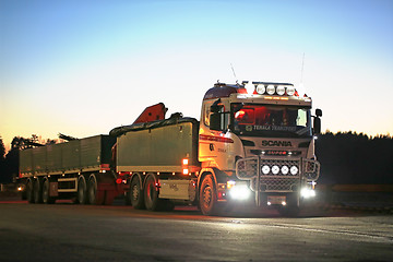 Image showing Customized Scania Truck on Truck Stop at Dusktime