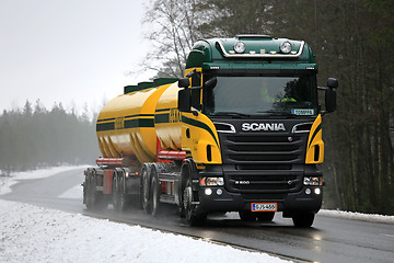 Image showing Scania R500 Tank Truck Trucking in Foggy Winter Weather