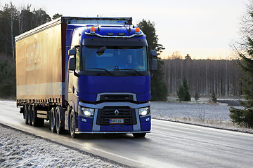 Image showing Blue Renault Trucks T Semi Trailer Delivers in Winter 