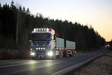 Image showing Customized Scania Lights on Dark Rural Road 