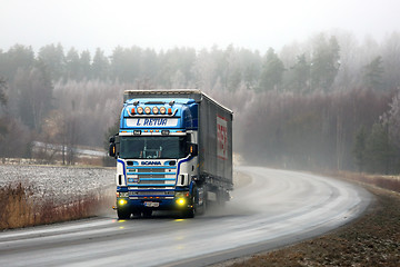 Image showing Scania 164L Semi Trucking on Foggy Winter Highway