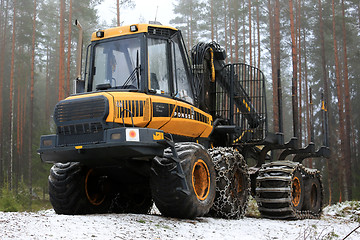 Image showing PONSSE Elk Forwarder in Foggy Winter Forest