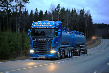 Image showing Blue Scania R580 on Dark Rural Road