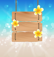 Image showing Hanging wooden signboard with tropical flowers frangipani