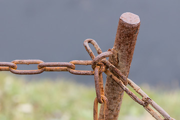 Image showing Old chain with rust, steel chain link fence