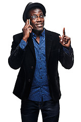 Image showing The black man with happy expression with phone