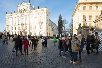 Image showing Tourists queue in front of the Prague Castle