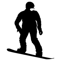 Image showing Black silhouettes  snowboarders on white background. 