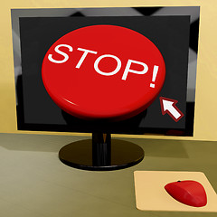 Image showing Stop Button On Computer Shows Denial Or Disapproval