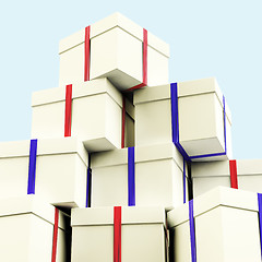 Image showing Stack Of Giftboxes With Sky Background As Presents For The Famil