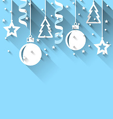 Image showing Christmas background with fir, balls, stars, streamer, trendy fl