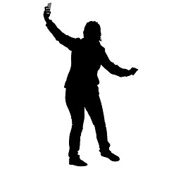 Image showing Silhouettes woman taking selfie with smartphone on white background.