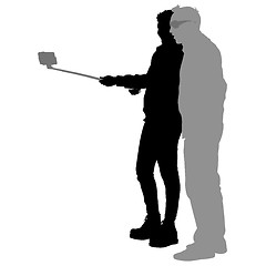 Image showing Silhouettes man and woman taking selfie with smartphone on white background.