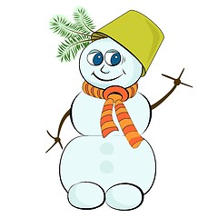 Image showing Cheerful snowman with a green bucket on his head
