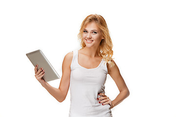 Image showing Portrait of beautiful smiling girl with modern laptop
