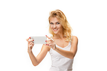 Image showing Portrait of beautiful smiling girl with modern l phone