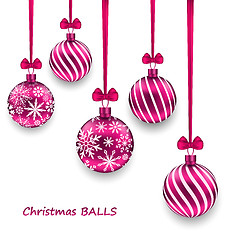 Image showing Christmas Card with Pink Glassy Balls with Bow Ribbon