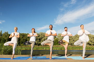 Image showing people making yoga in tree pose on mat outdoors